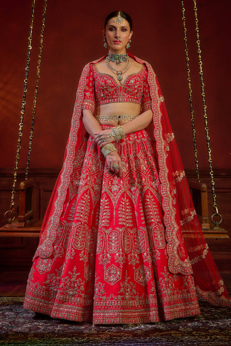 Red Raw Silk Hand & Machine Embroidered Lehenga Set
