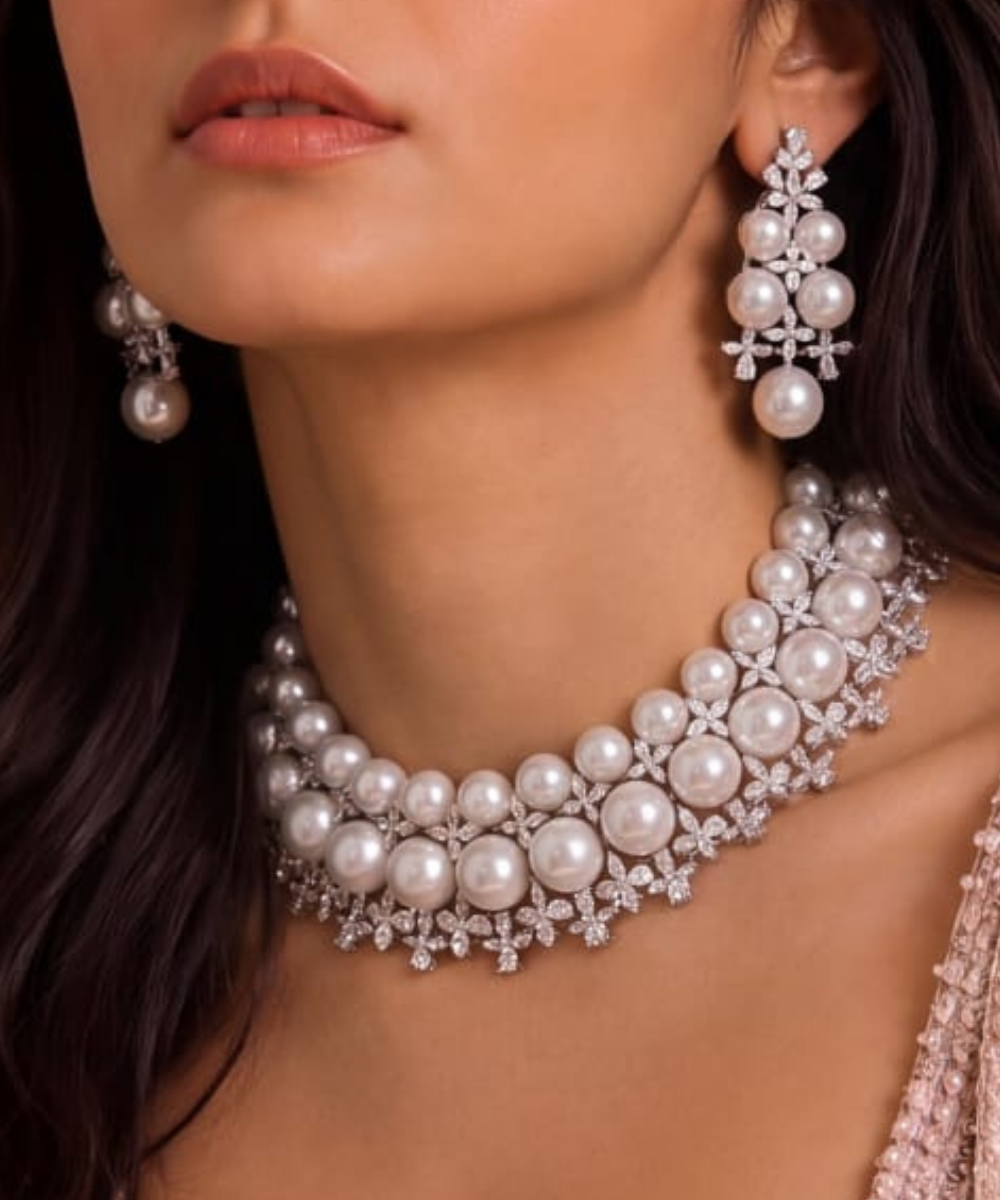 Pearl Diamond Blossom Choker Set