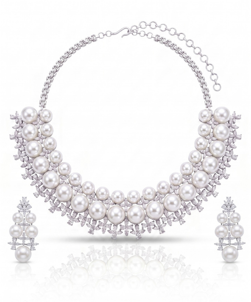 Pearl Diamond Blossom Choker Set