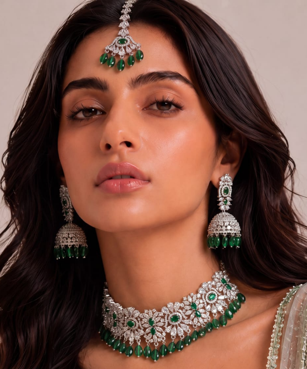 Rani Emerald Jhumka choker Set