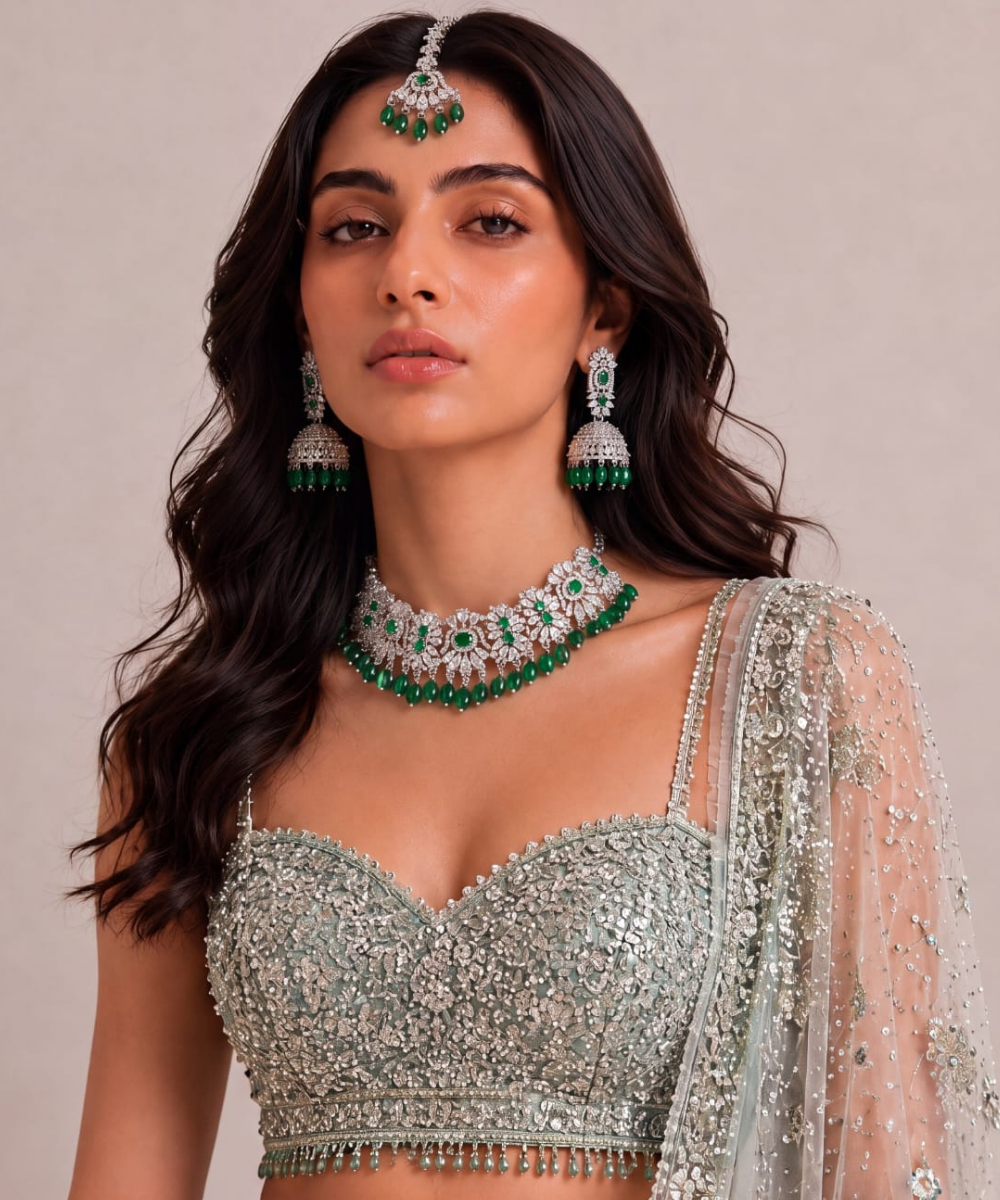 Rani Emerald Jhumka choker Set