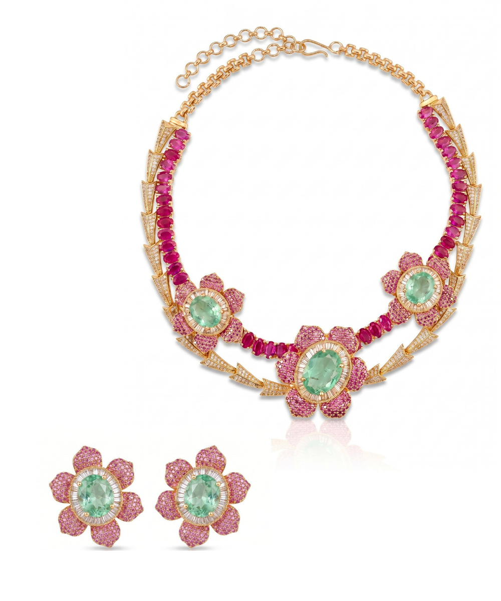 Raani Baag Pink Ruby Flower with CZ and Emerald Set