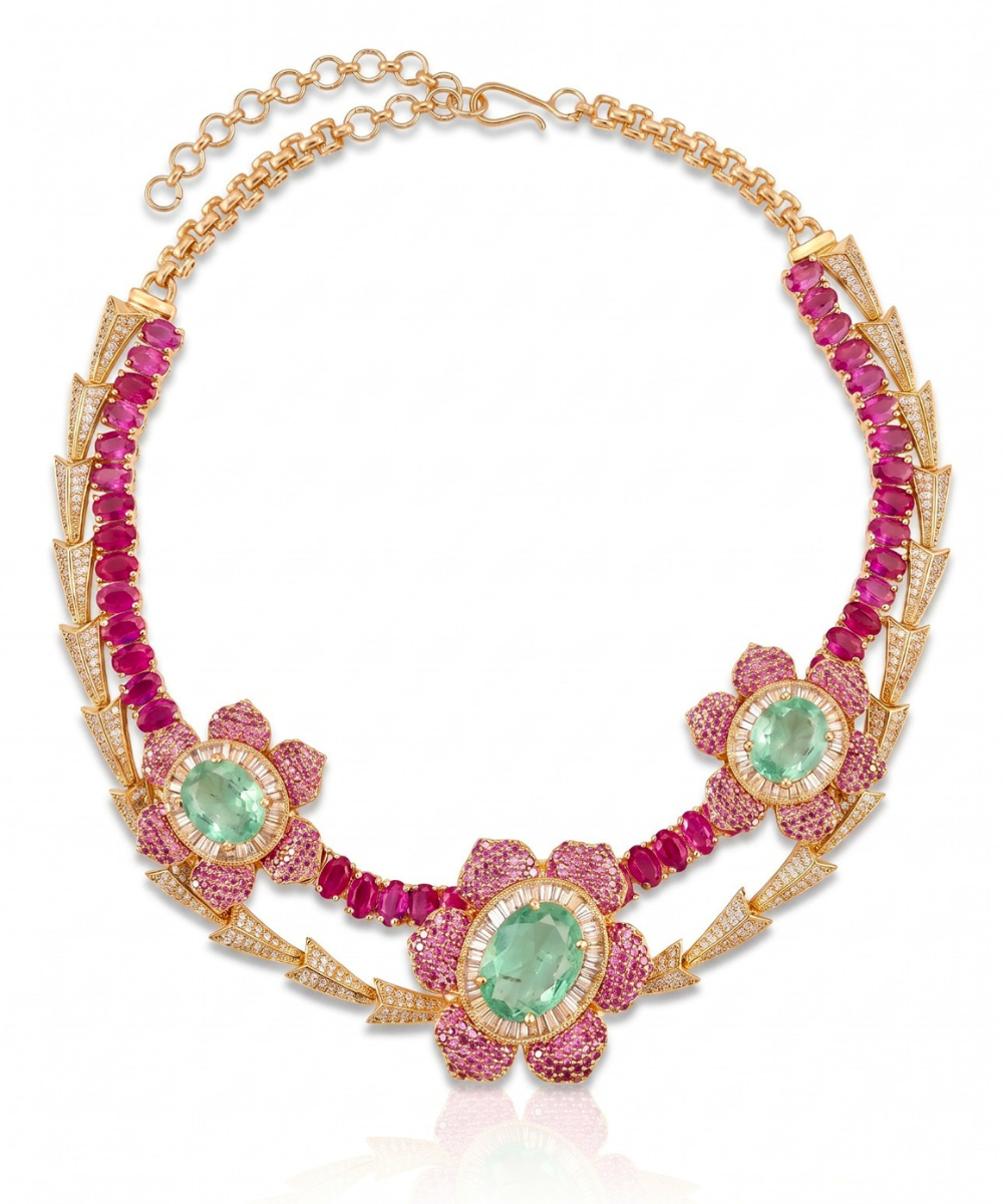 Raani Baag Pink Ruby Flower with CZ and Emerald Set