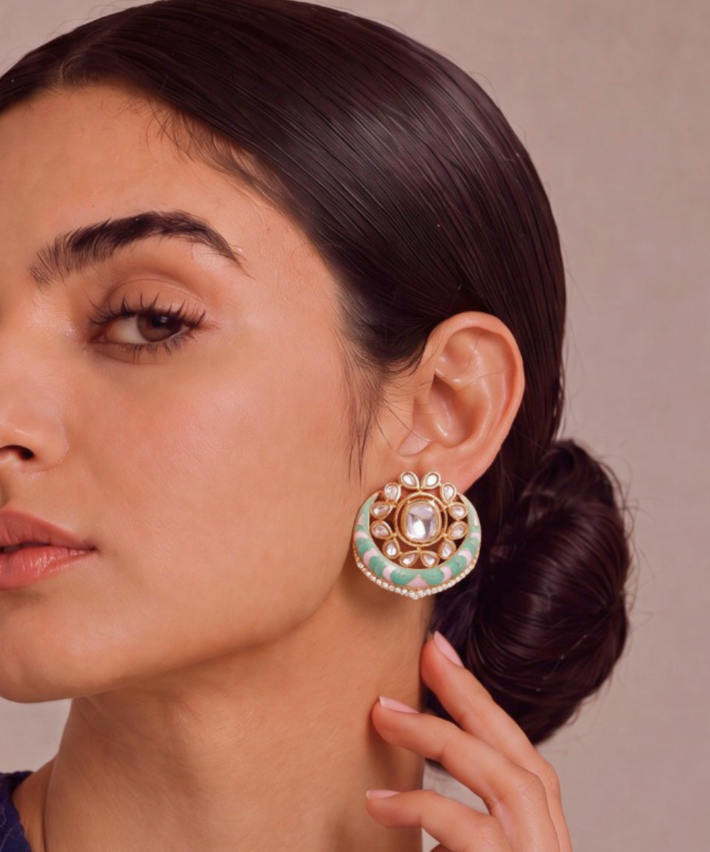 Noor Mint Green and Pink Crescent Studs