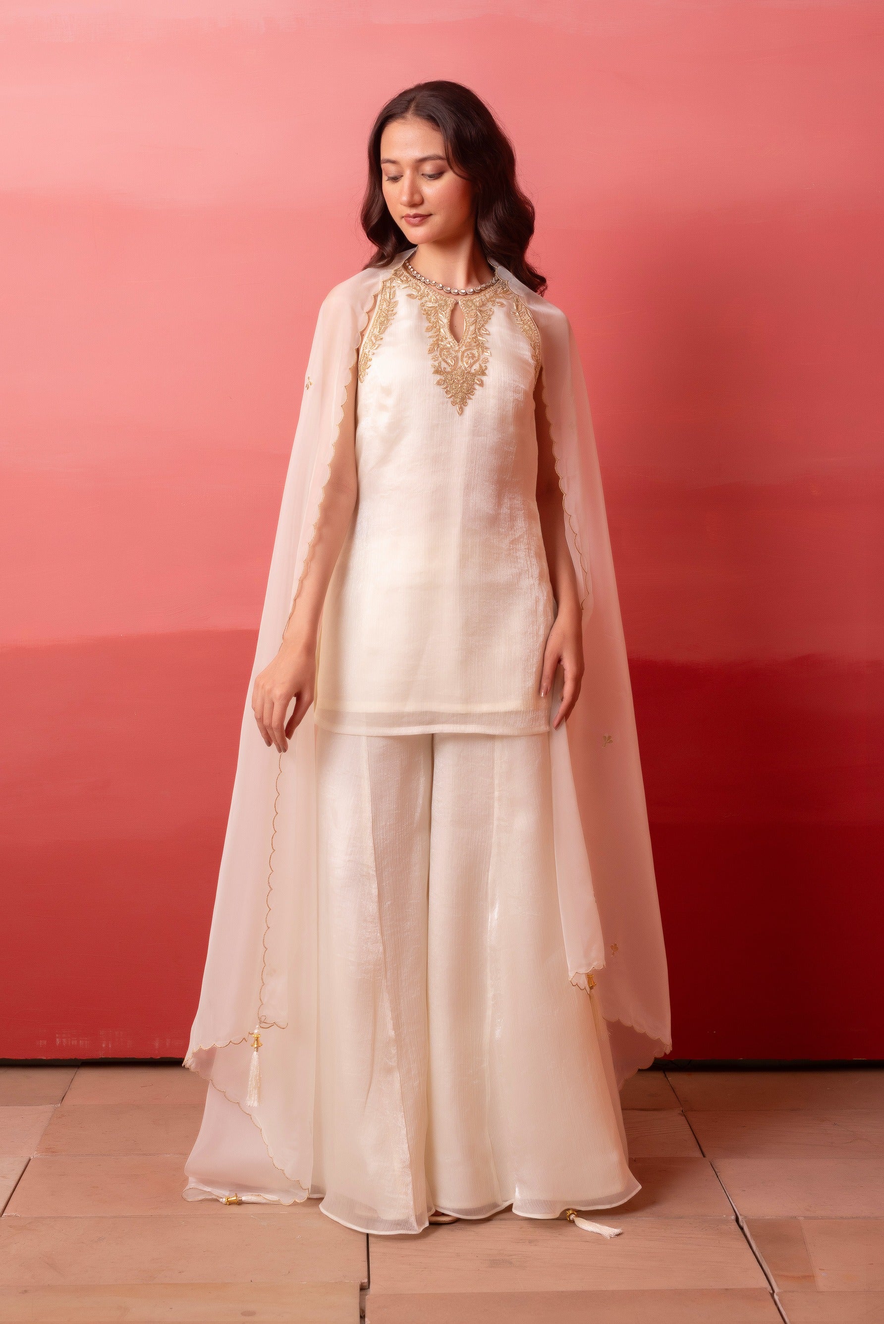 White Handwork Kurta Palazzo Set With Organza Dupatta