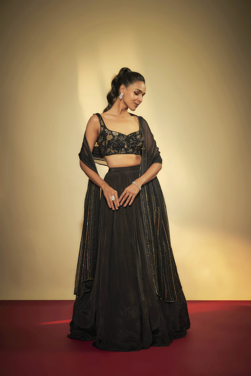 Black Crepe Embroidered Lehenga Set