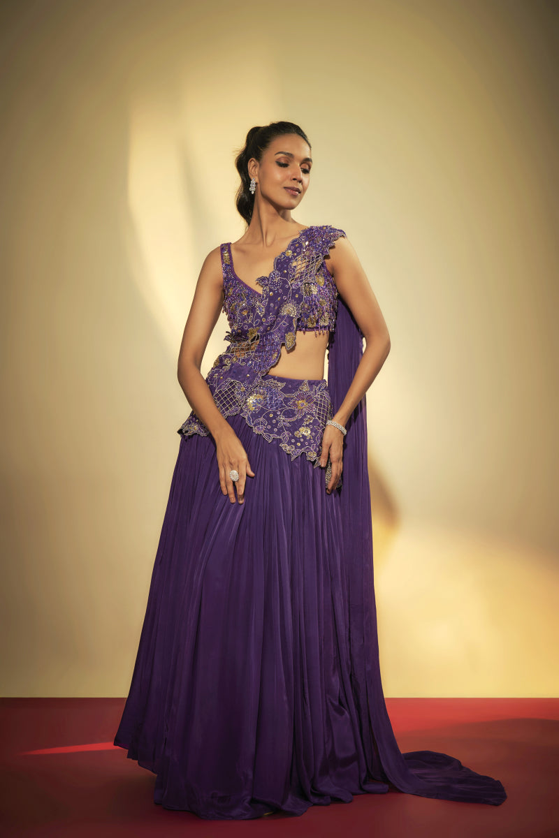 Purple Crepe Embroidered Lehenga Set
