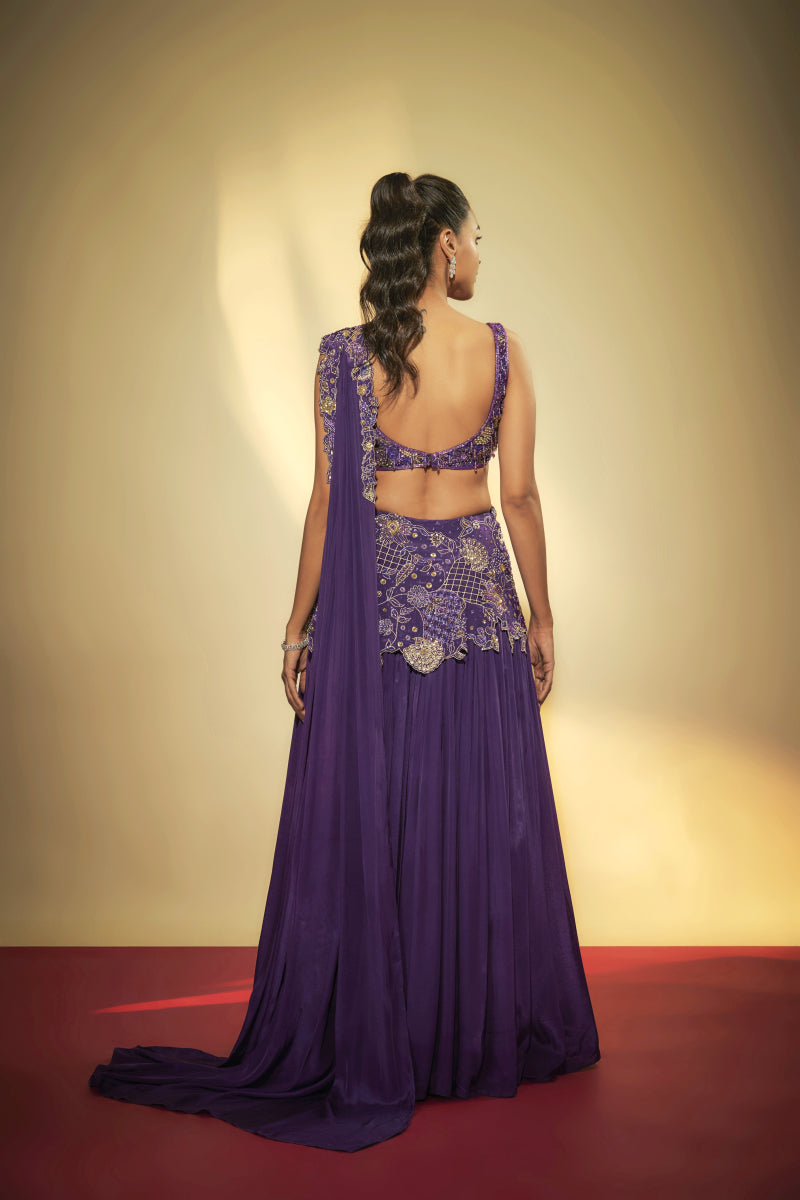 Purple Crepe Embroidered Lehenga Set