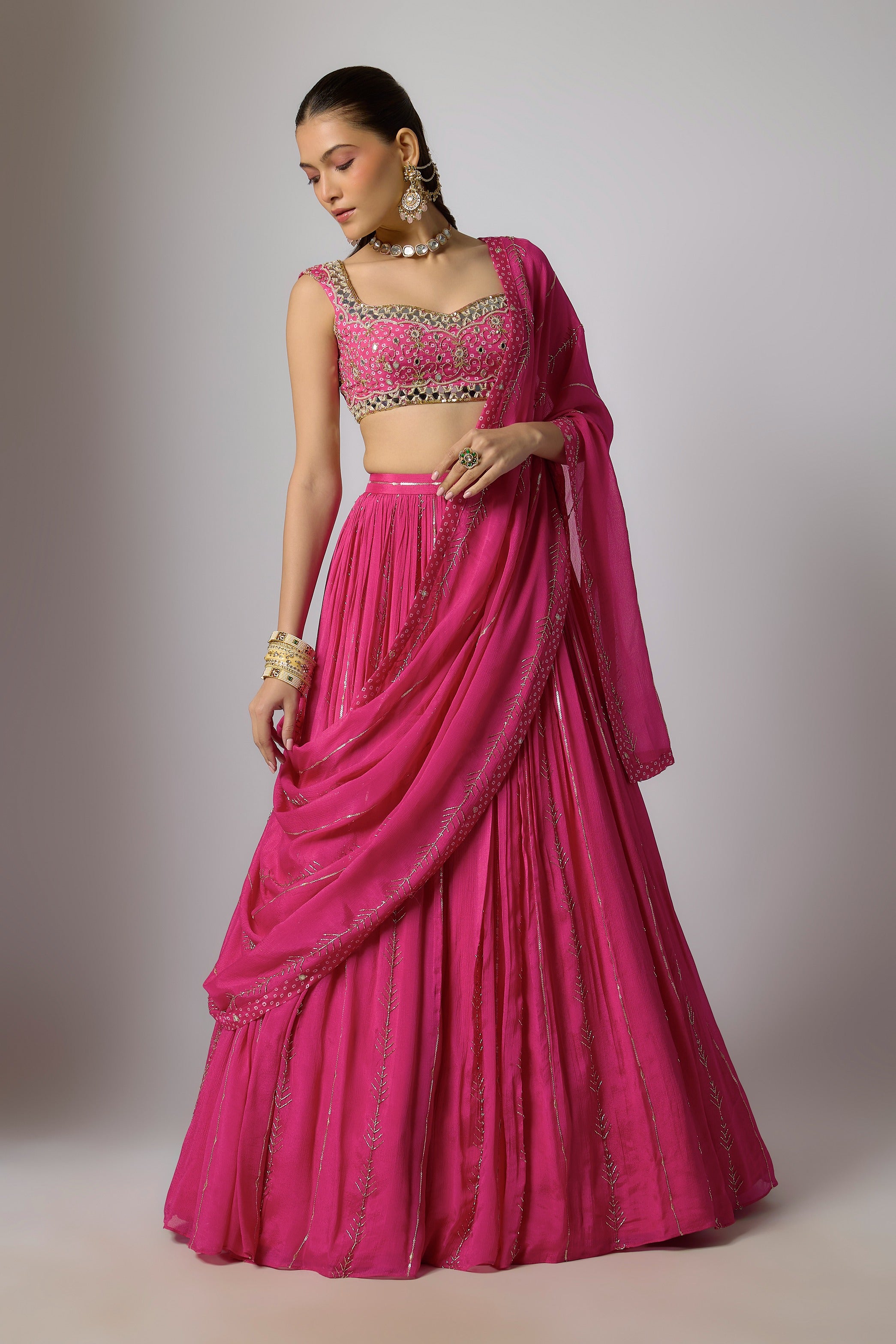 Fuchsia Pink Chinon Embroidered Lehenga Set
