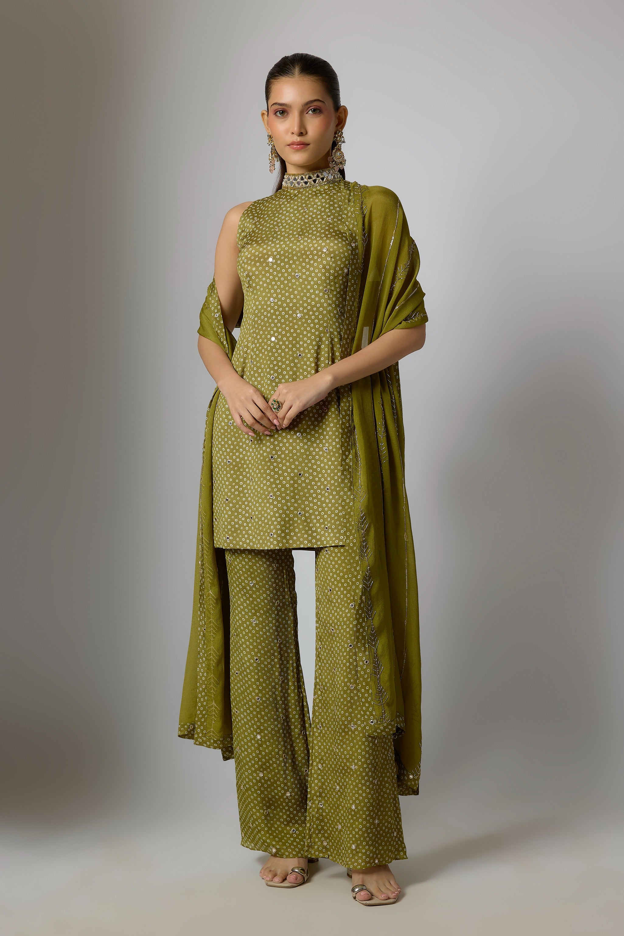 Mehendi Green Chinon Kurta Palazzo Set