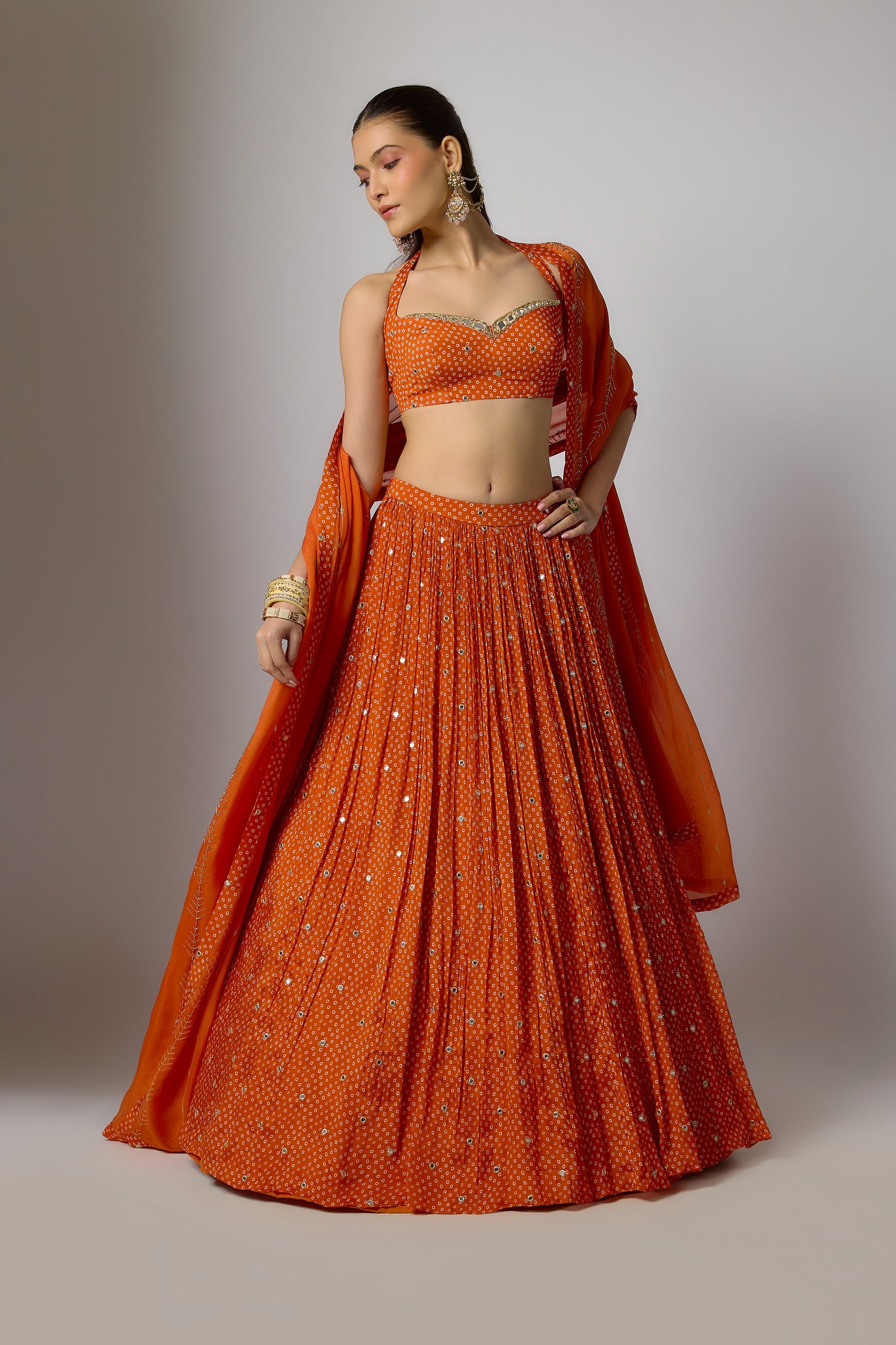 Orange Chinon Embroidered Lehenga Set