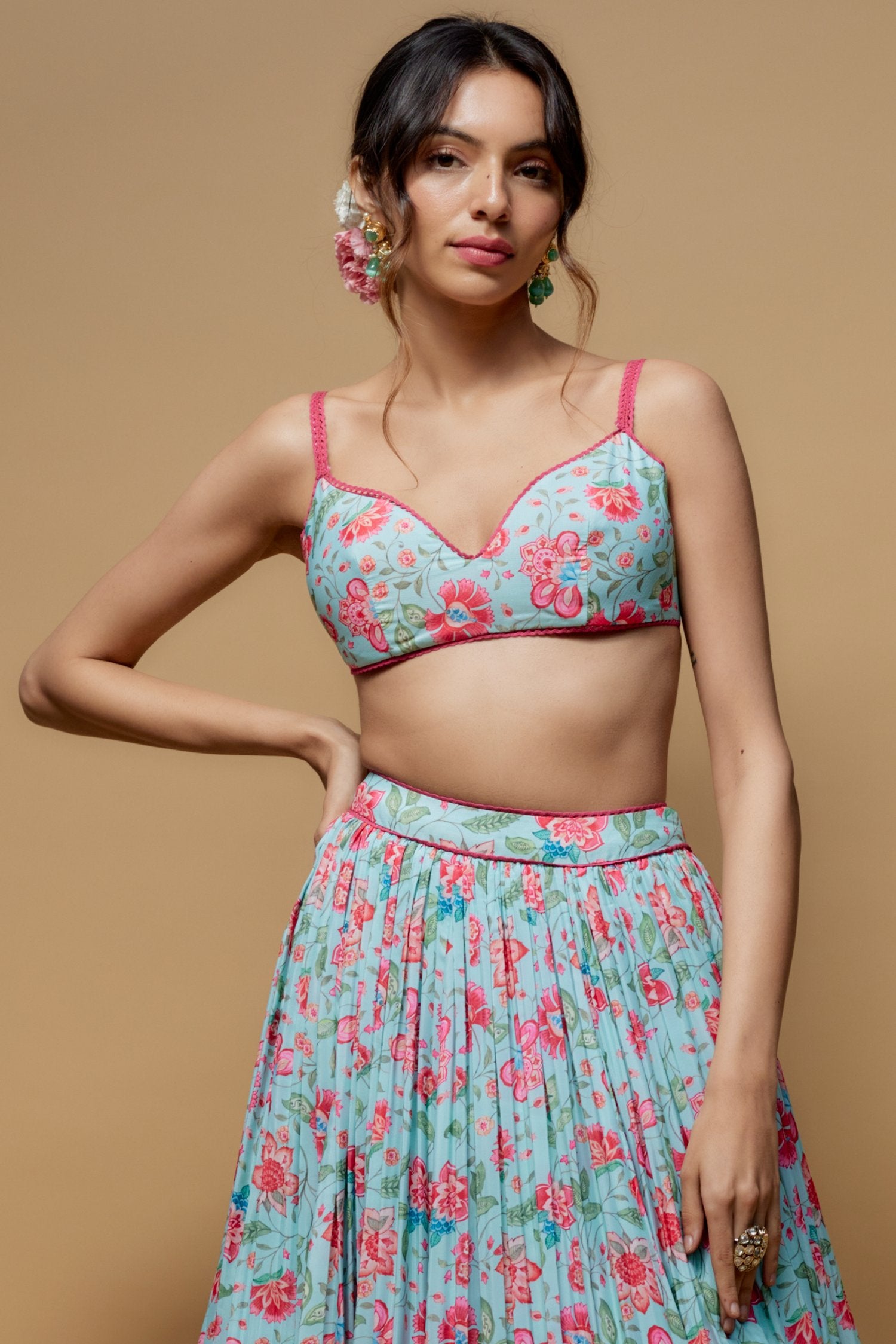 Sky Blue French Crepe Printed Lehenga Set