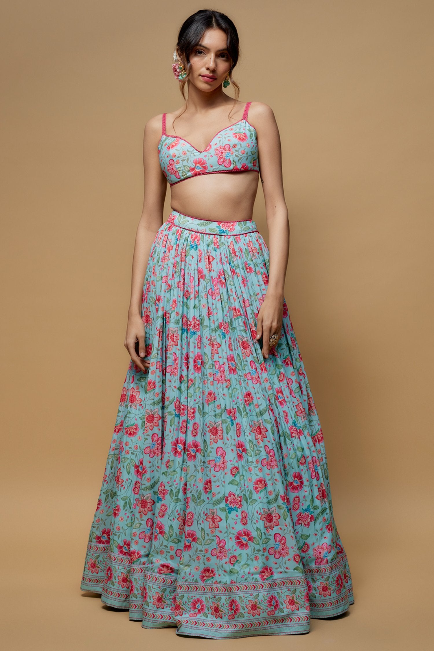 Sky Blue French Crepe Printed Lehenga Set