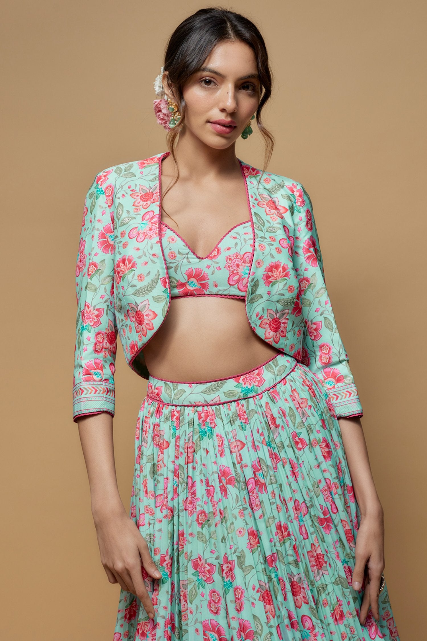 Sky Blue French Crepe Printed Jacket Lehenga Set