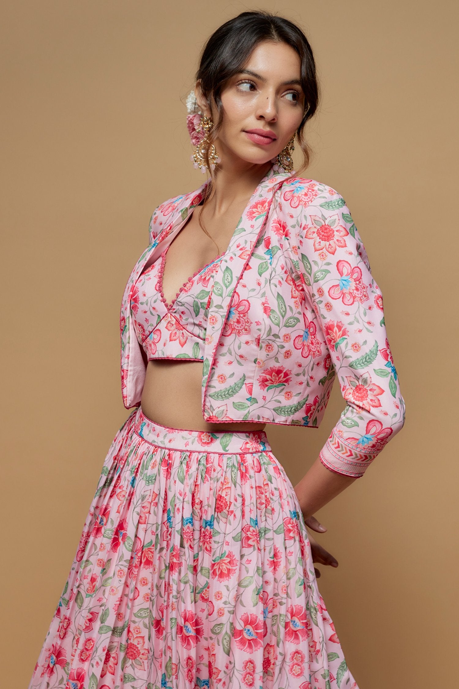 Baby Pink French Crepe Printed Jacket Lehenga Set