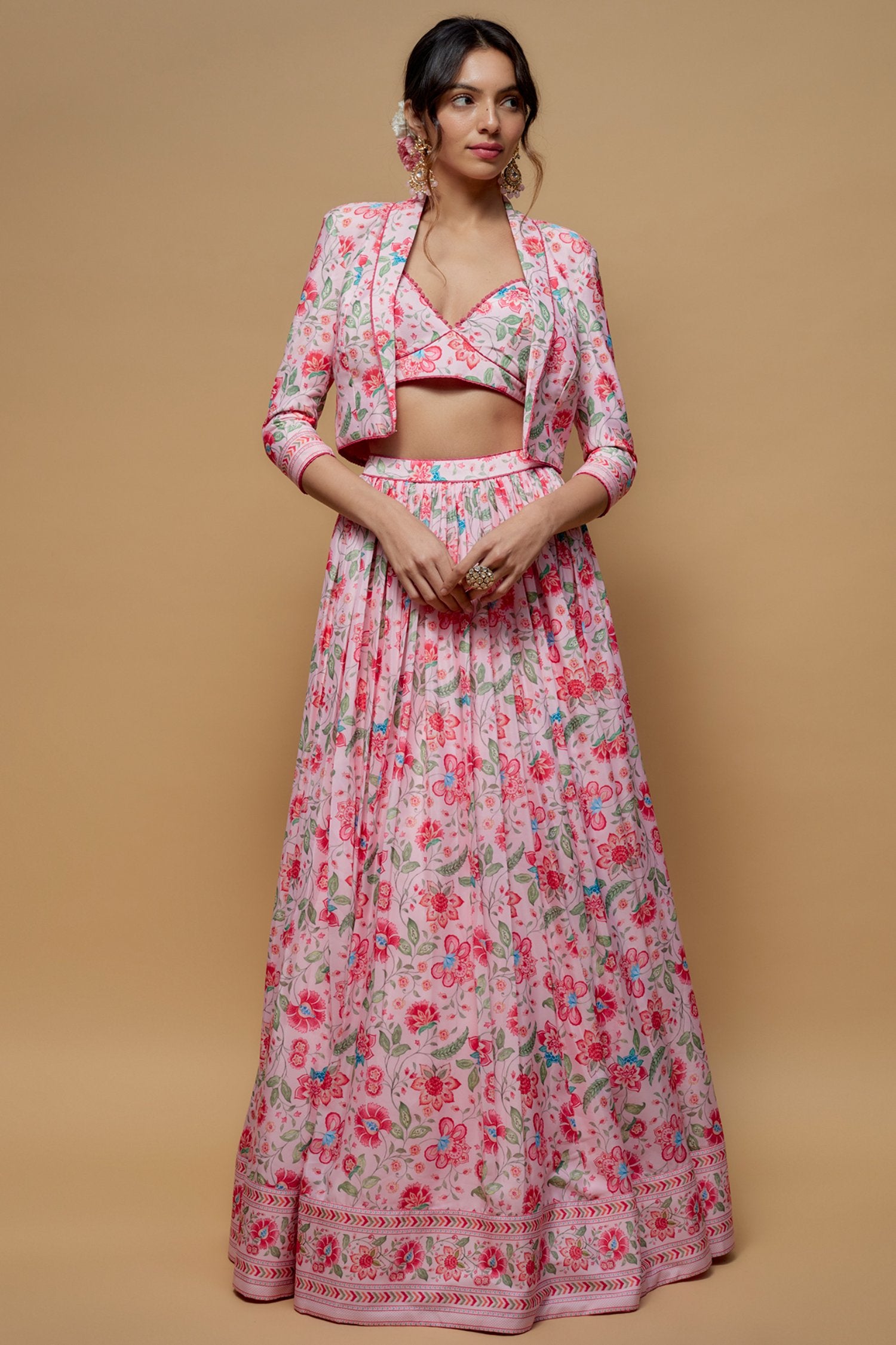 Baby Pink French Crepe Printed Jacket Lehenga Set