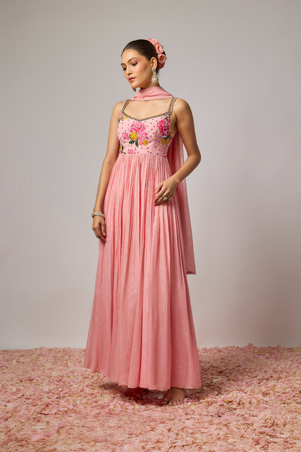 Blush Pink Lurex Georgette Hand Embroidered Anarkali Set