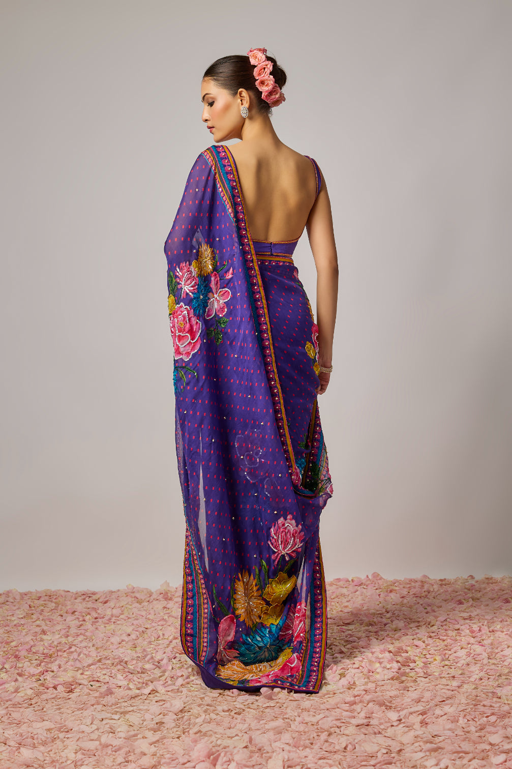 Organza Embroidered Floral Pre Draped Saree Set