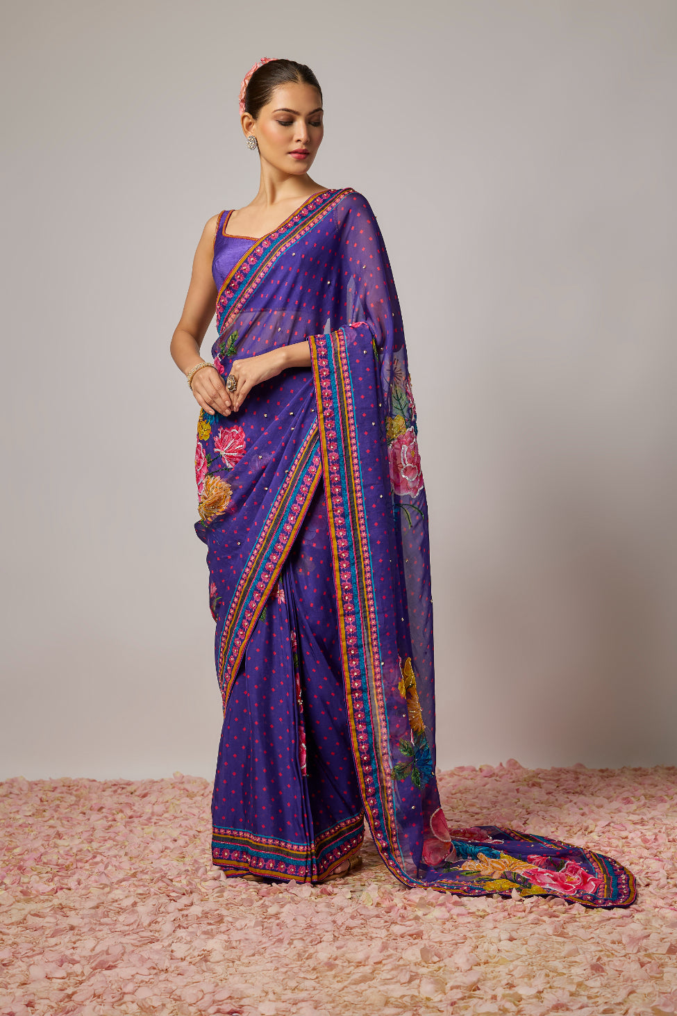 Organza Embroidered Floral Pre Draped Saree Set
