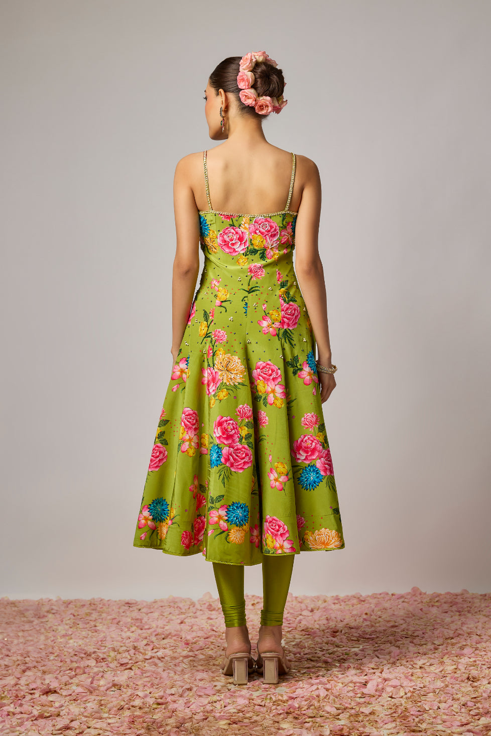Mehendi Green Pure Crepe Floral Embroidered Anarkali Set