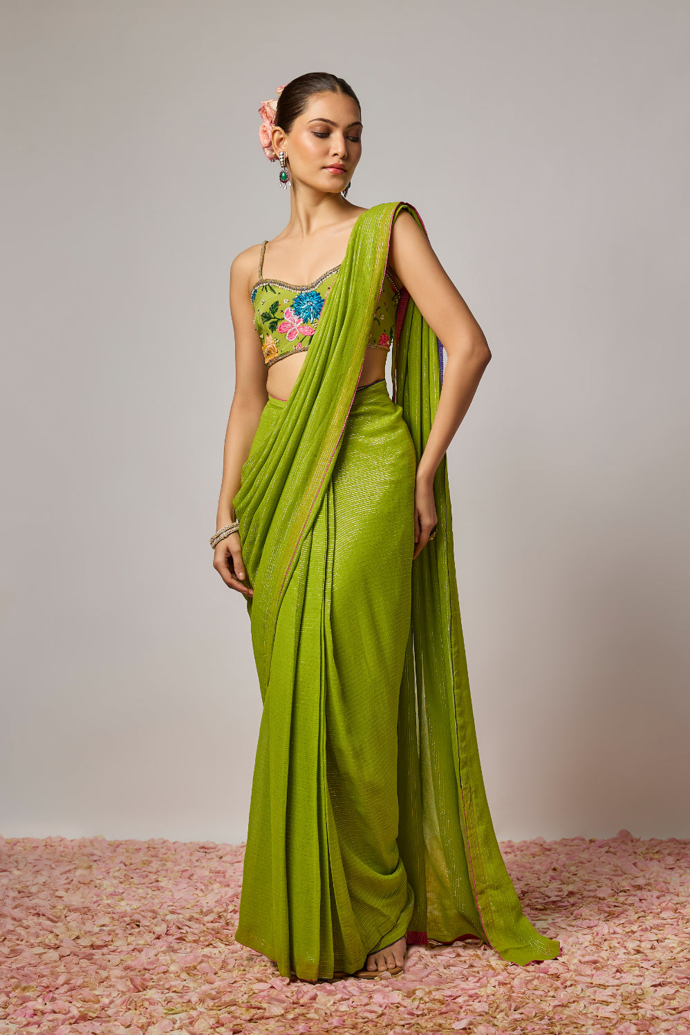 Pre Draped Saree Set With Embroidered Blouse
