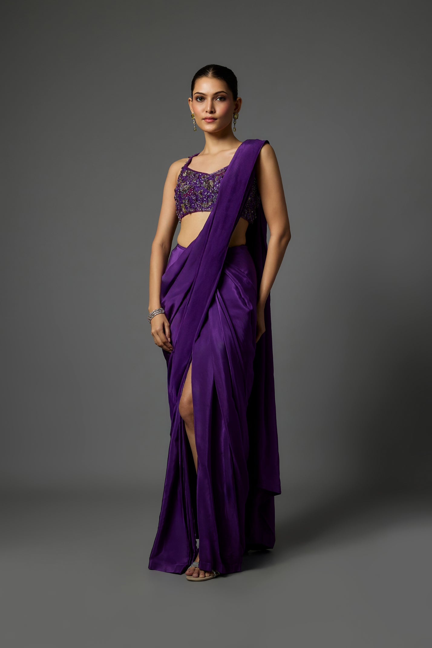 Violet Pre Draped Crepe Saree