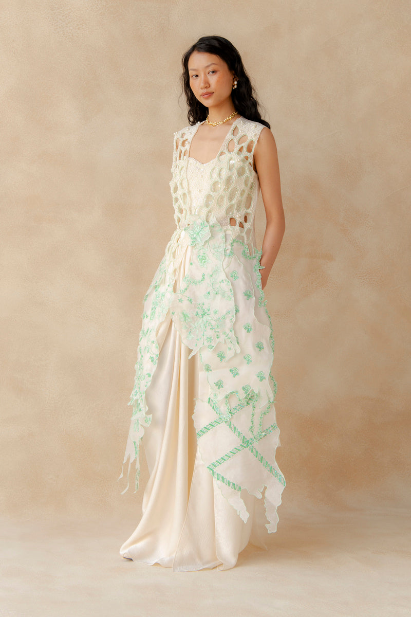 Cutwork Embroidered Overlay With Pearl Top And Drape Skirt