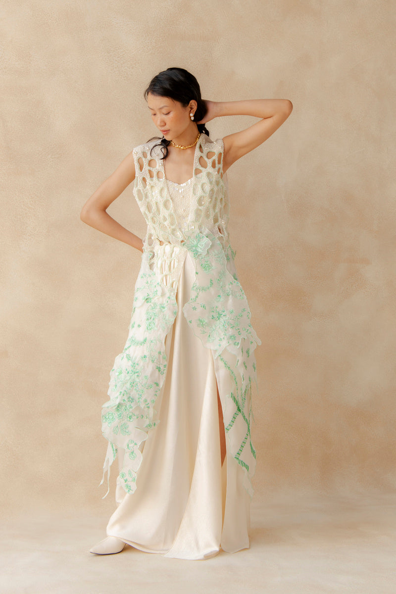 Cutwork Embroidered Overlay With Pearl Top And Drape Skirt