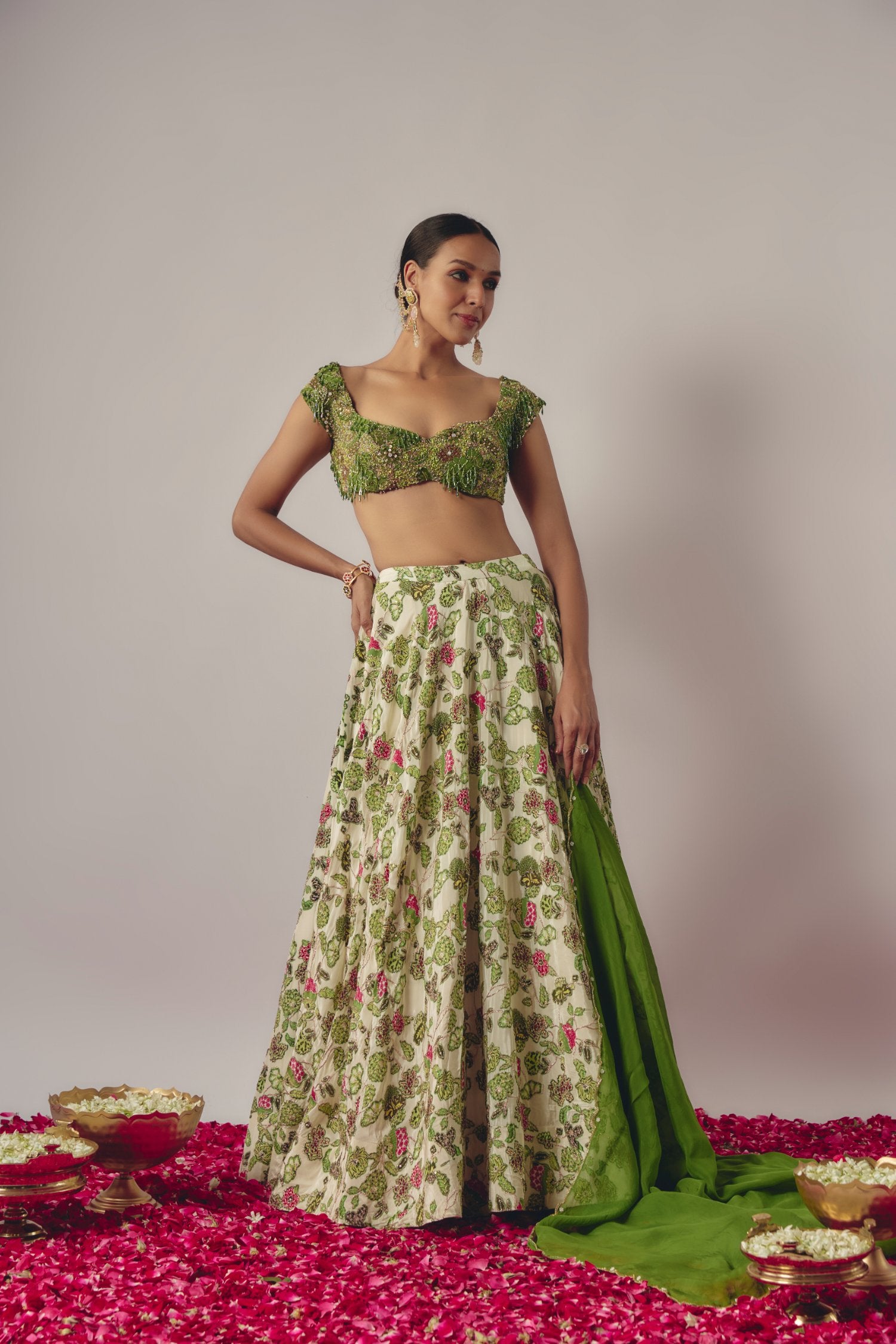 Green - Ivory Embroidered Lehenga Set