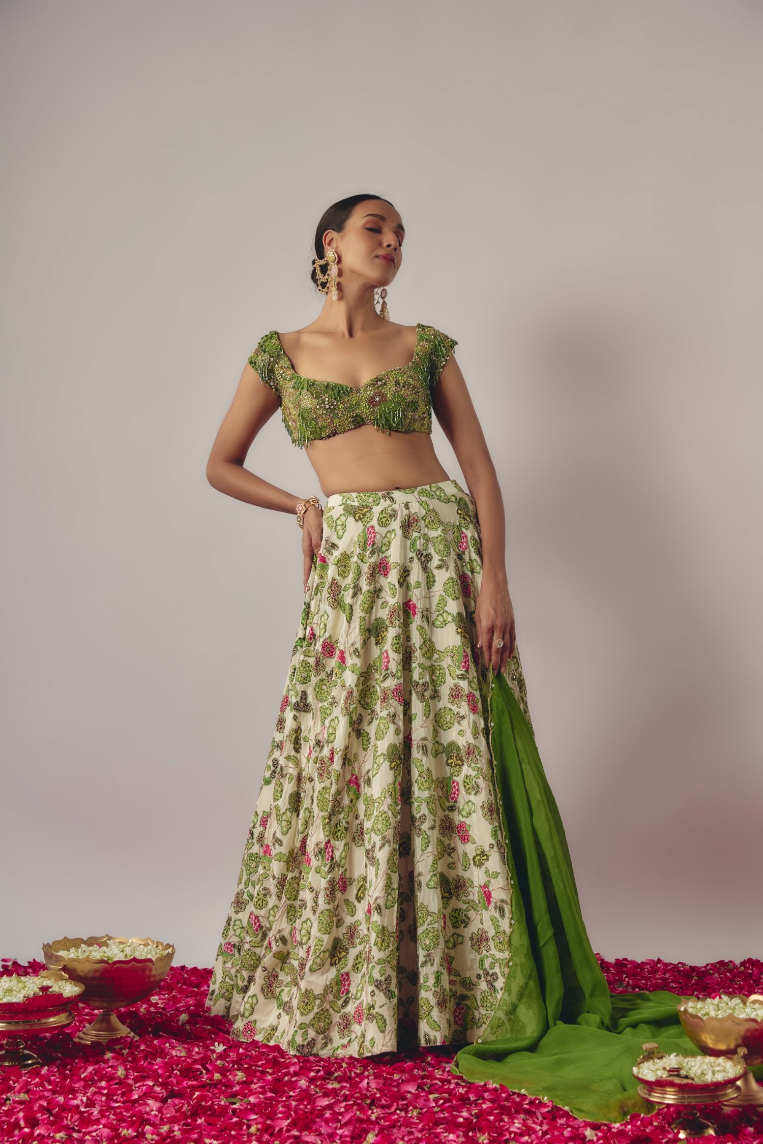Green - Ivory Embroidered Lehenga Set