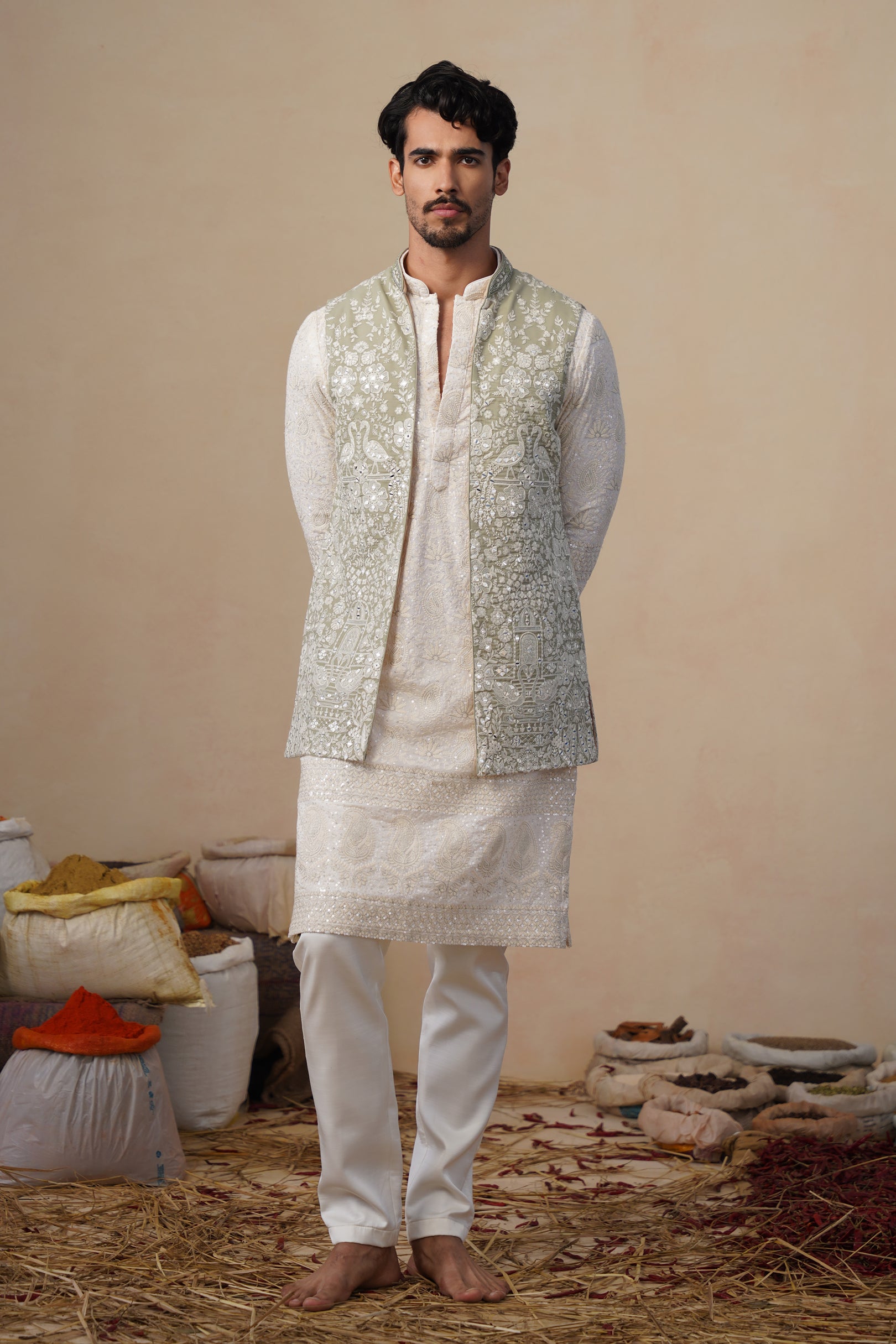 MAYURESH MEHENDI KURTA JACKET SET
