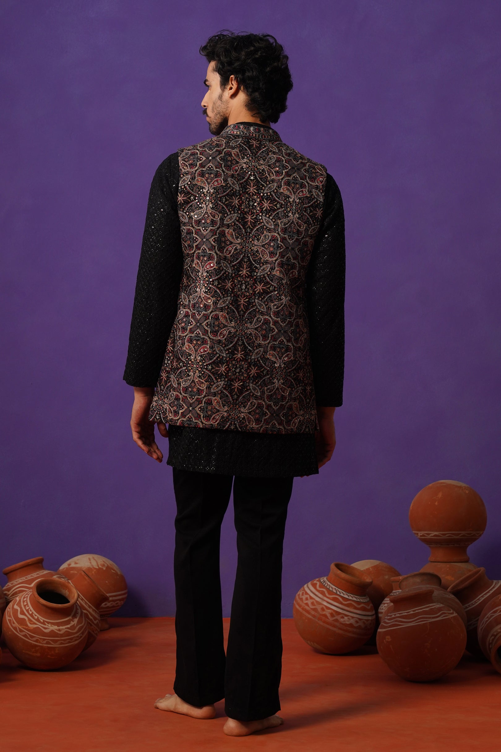 AARIV BLACK SHORT KURTA JACKET SET