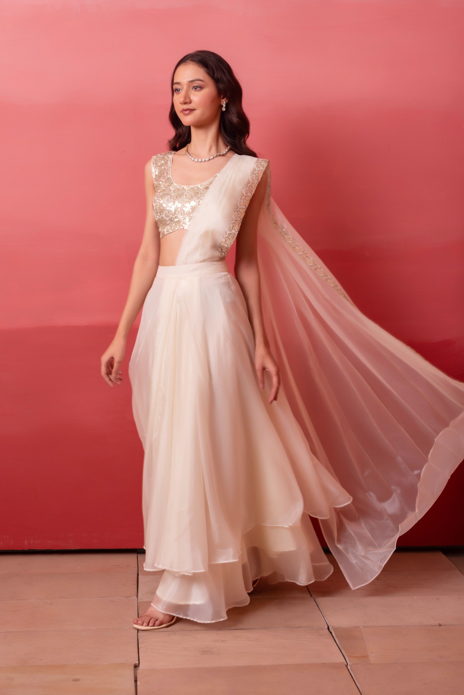 White Pre-Draped Skirt Saree With Sequin Blouse