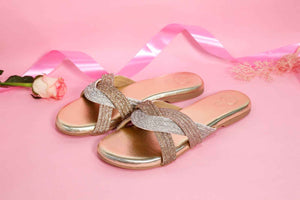 Gold Open Toe Slip on closure Trio Flats