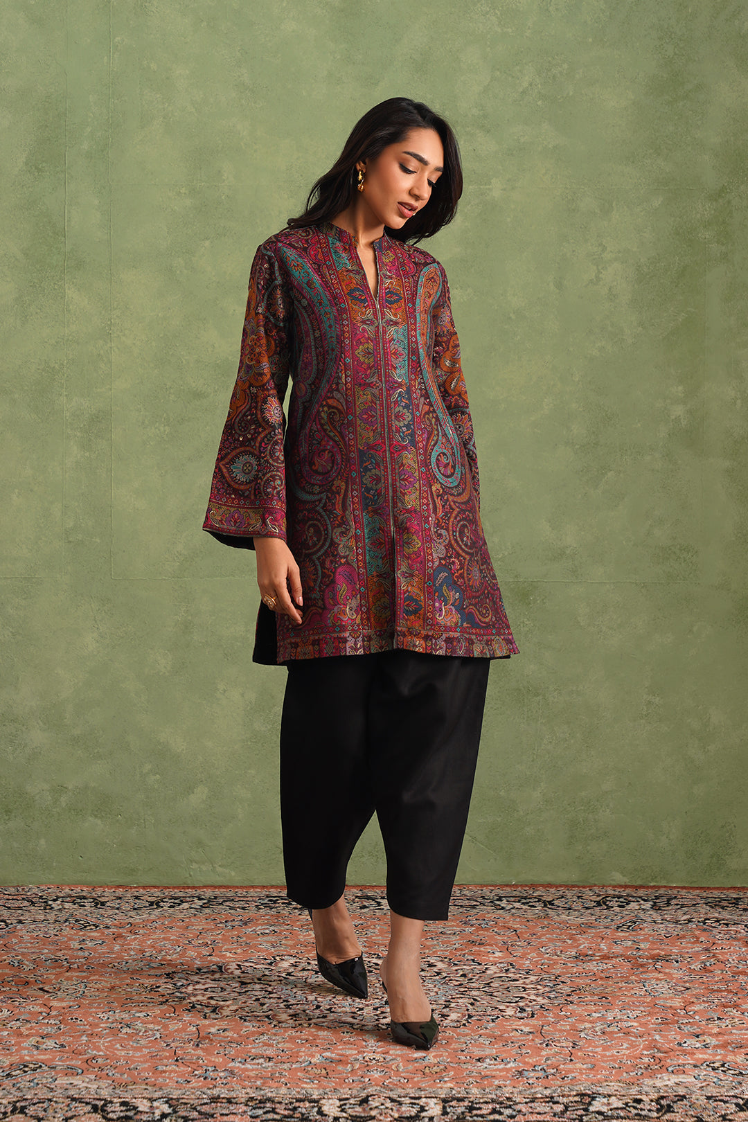 Wine Zari Kaani Set