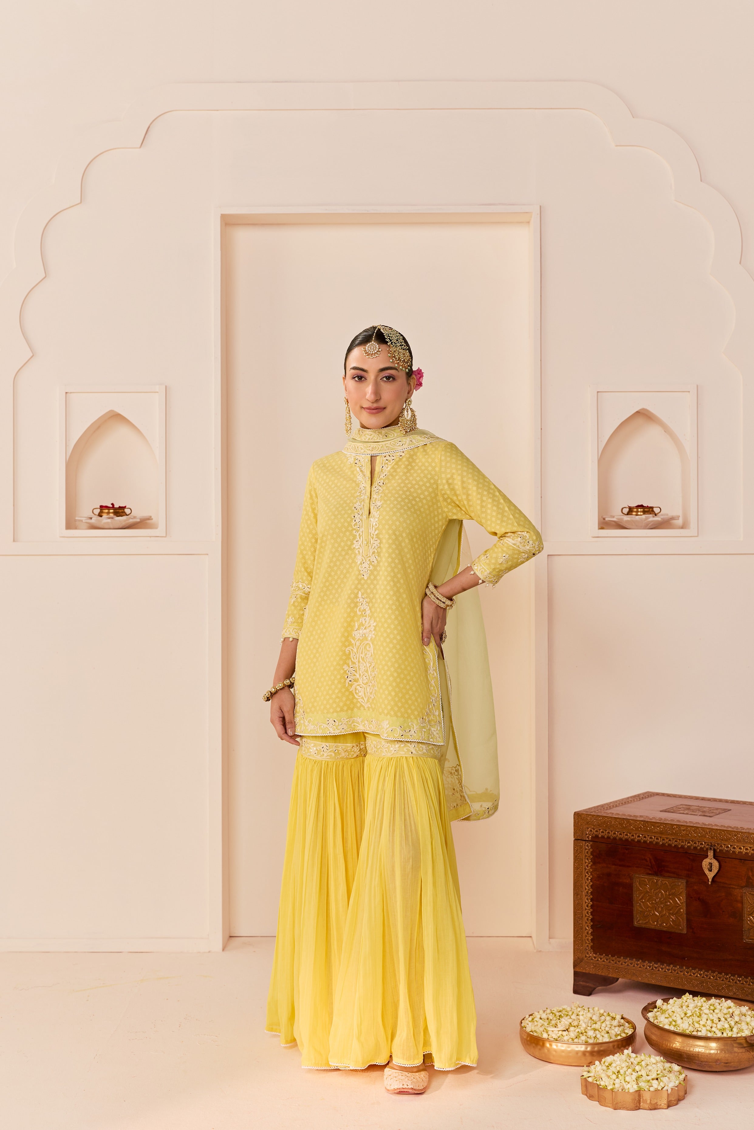 YASNEEN - LEMON YELLOW SHORT KURTA WITH GARARA AND DUPATTA