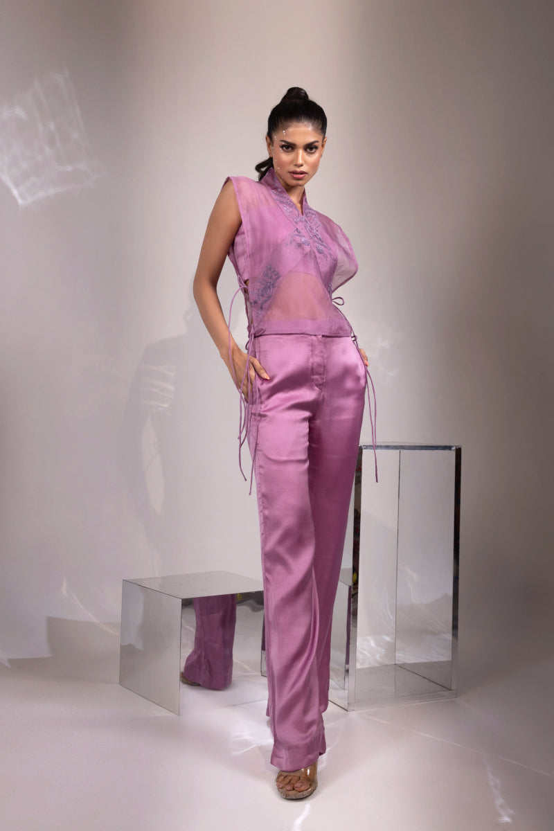 Mauve Embroidered Side-Tie Sheer Top