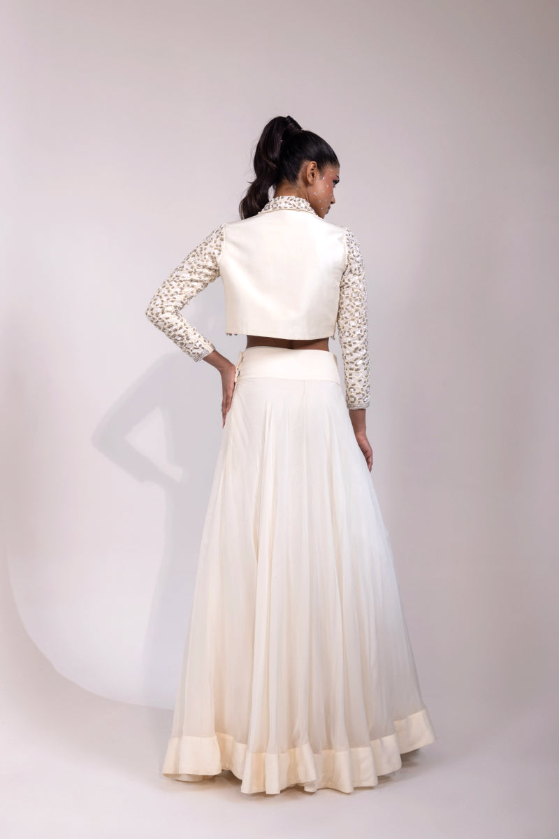 Ivory Embellished Cropped Jacket with Flowing Maxi Skirt
