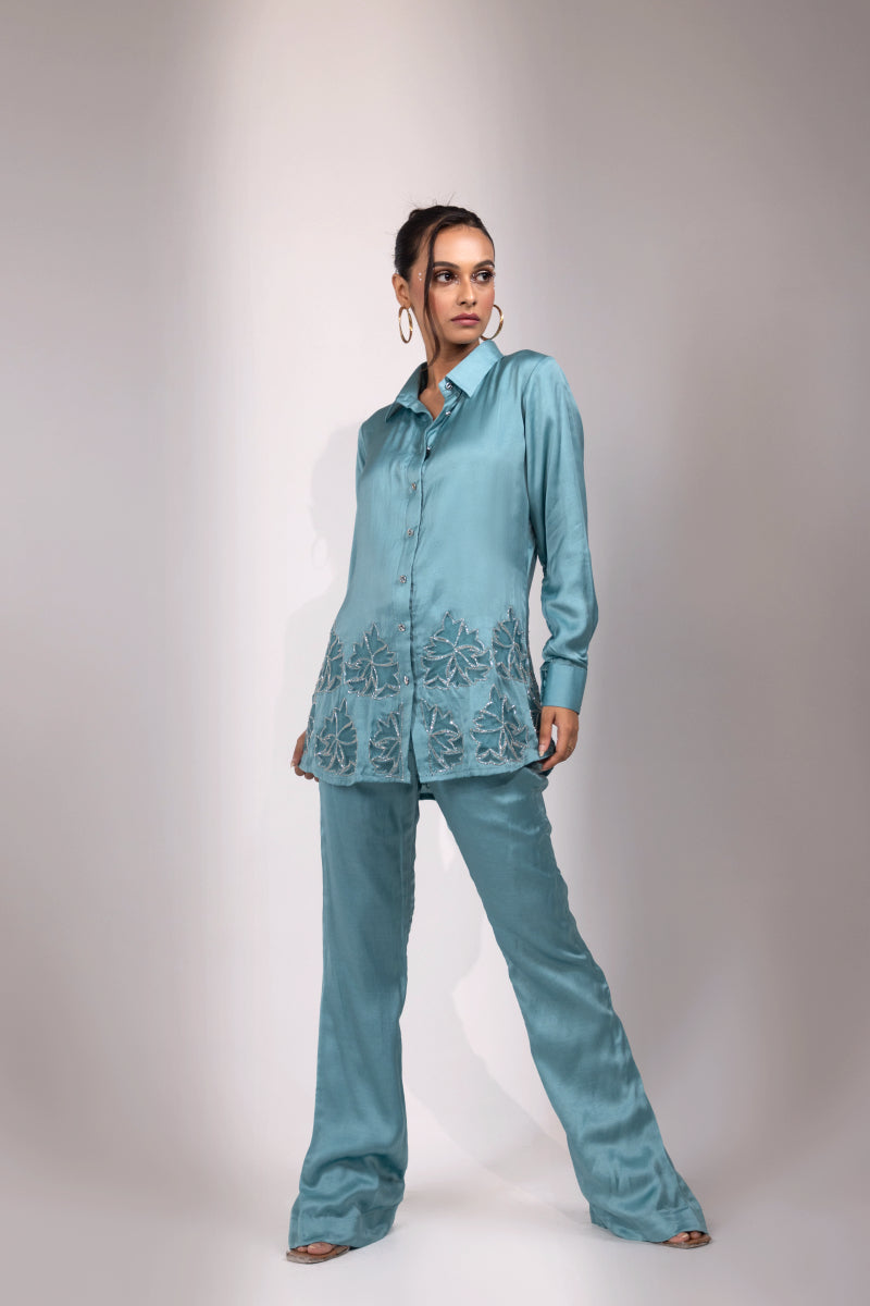 Teal Embroidered Longline Button-Up Shirt