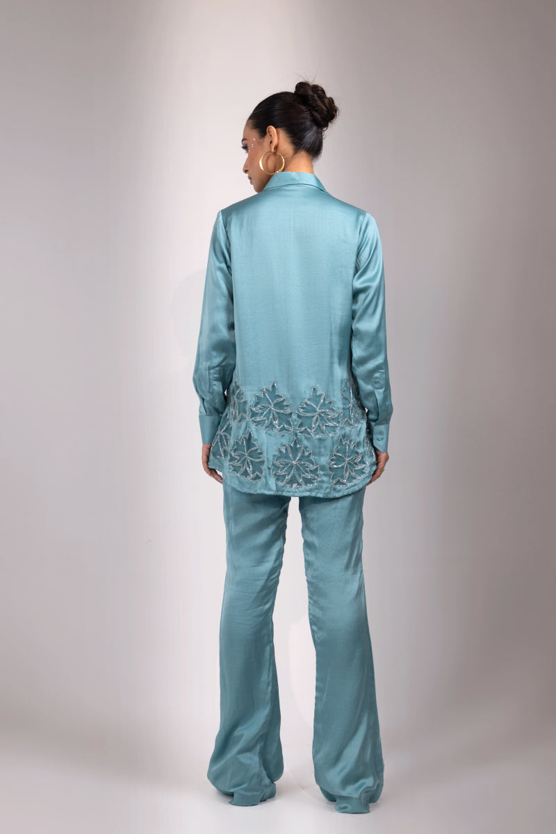 Teal Embroidered Longline Button-Up Shirt