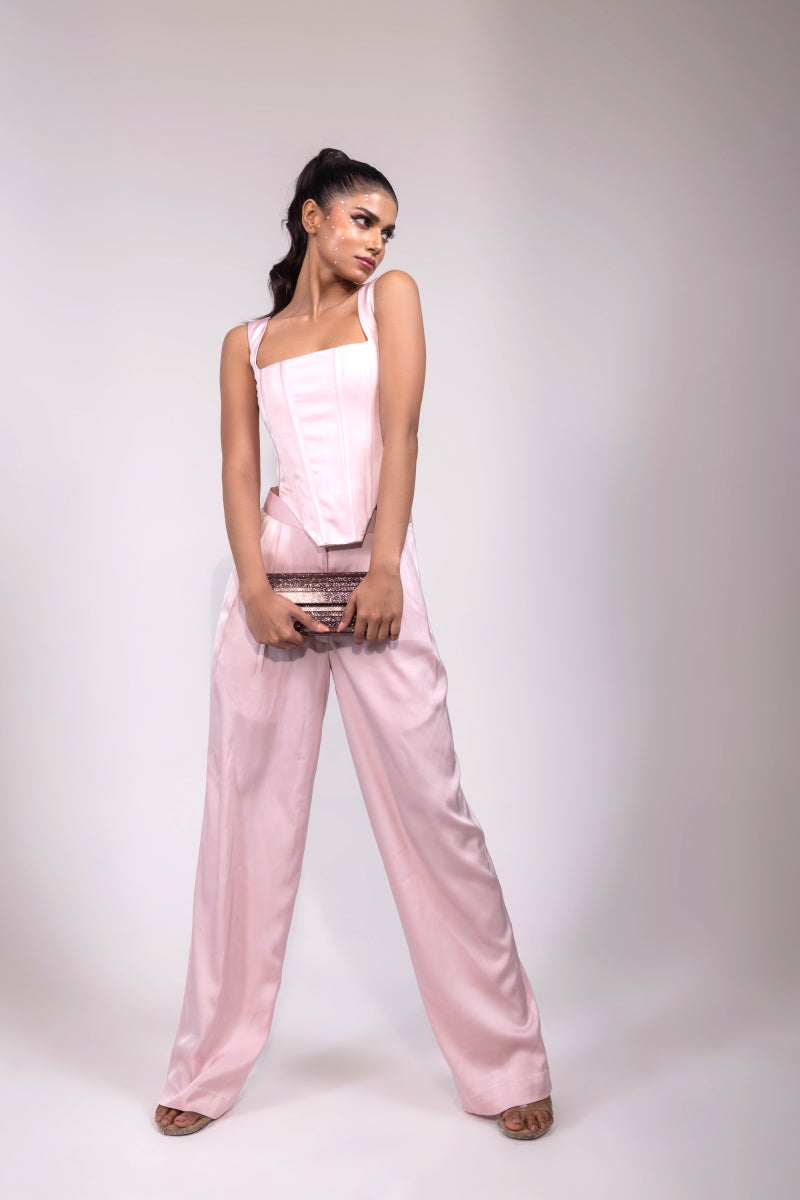 Rose Pink Linen Satin Corset Set