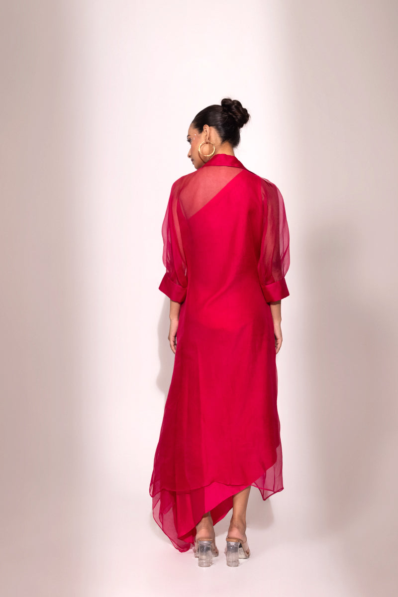 Fuchsia Satin Gown with Sheer Overlay