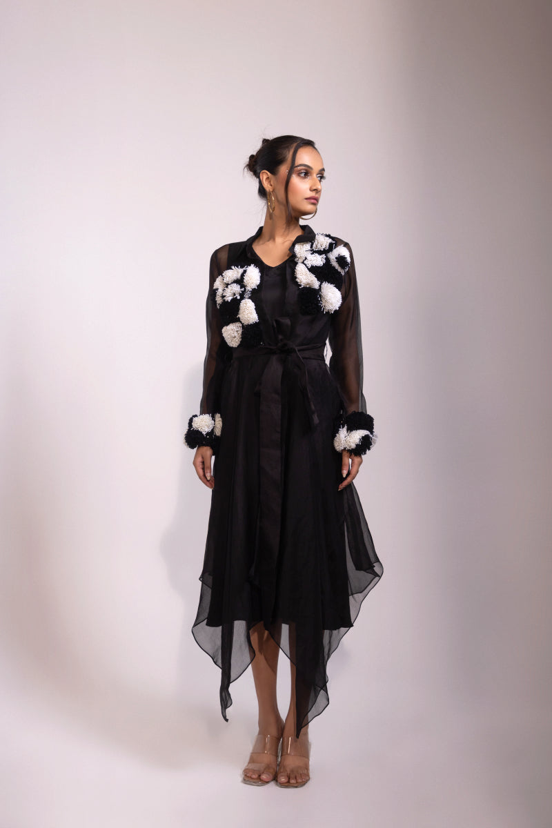 Black Sheer Organza Overlay Dress with Textured Embroidery