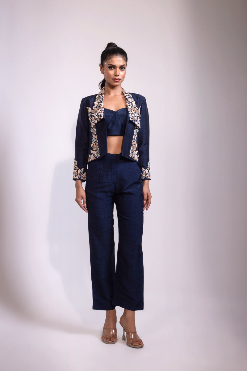 Navy Embroidered Open-Front Jacket with Co-ord Bustier
