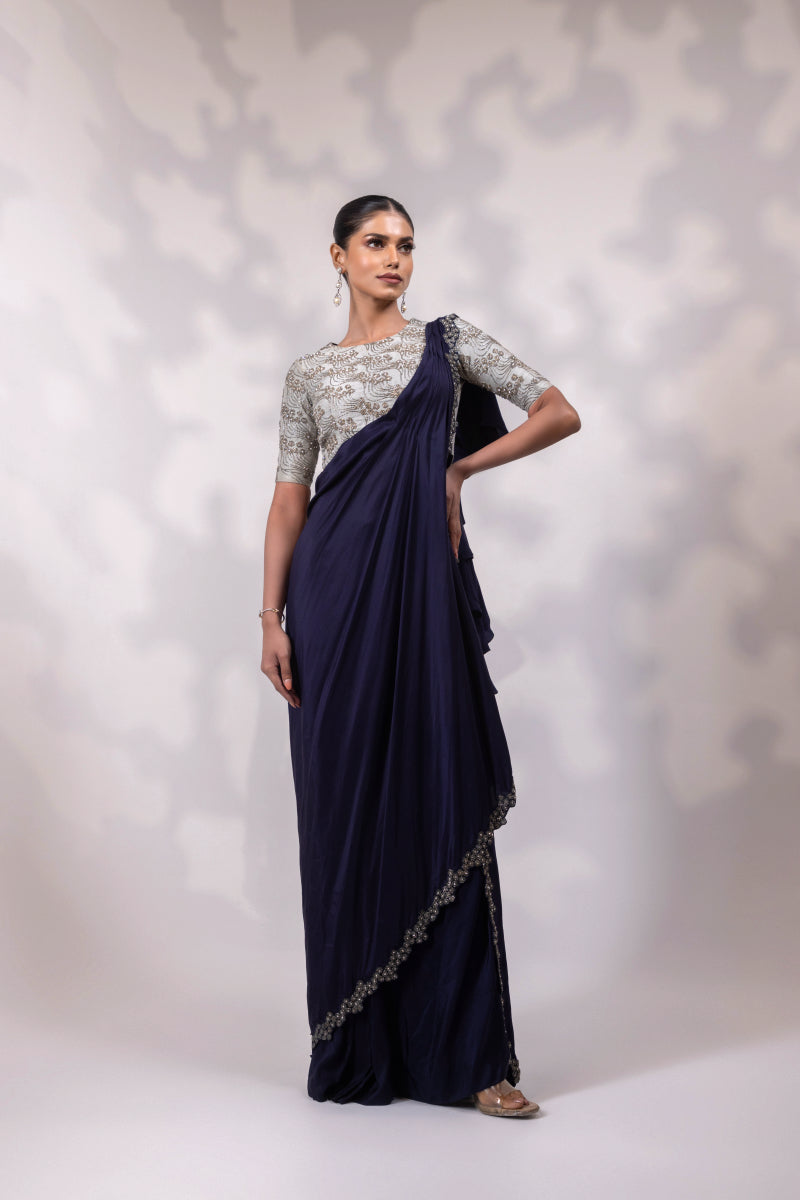 Navy Saree with Silver Embroidered Blouse