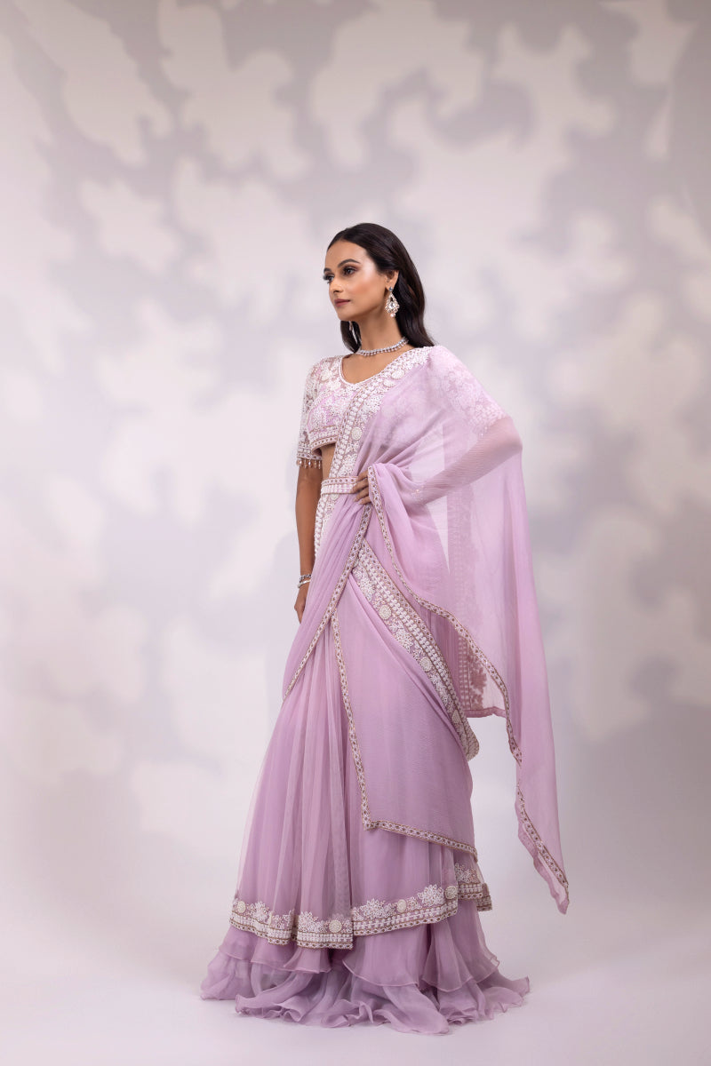 Lavender Embroidered Saree with Matching Blouse