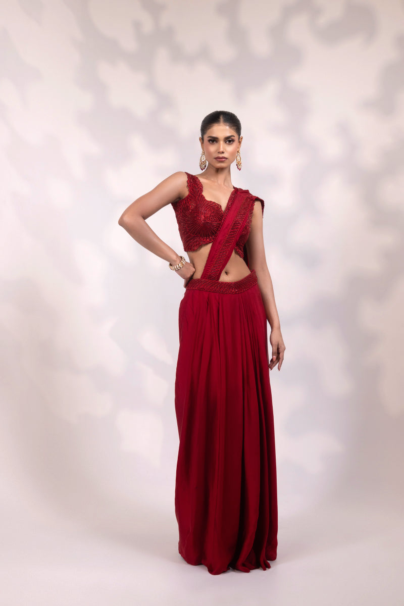 Red Embellished Drape Saree Gown