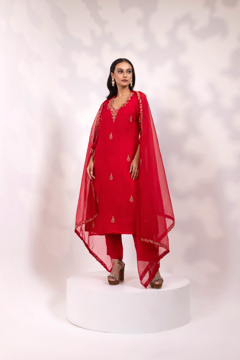 Red Embroidered Anarkali with Sheer Dupatta