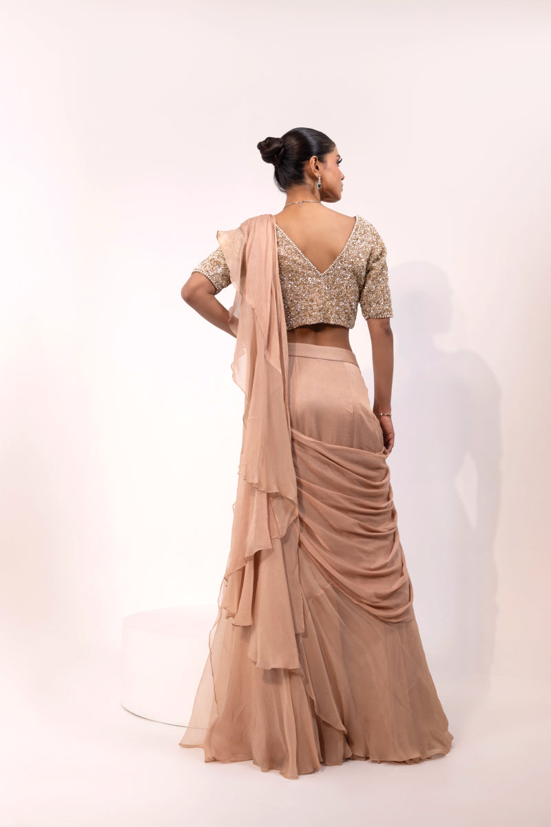 Peach Embellished Blouse with Layered Ruffle Saree