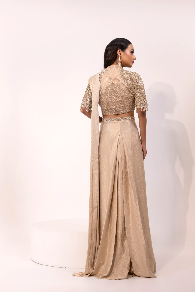 Gold Sequin Embellished Blouse with Matching Saree
